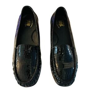 NEW SAS Black Leather Loafers‎ Comfort Slip On Shoes Alligator Print Size 9.5